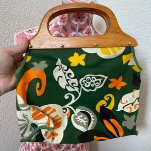 J crew Floral Green Handbag with Wooden Handle